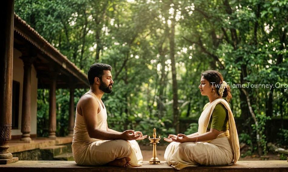 South Indian couple practicing meditation together for spiritual harmony.