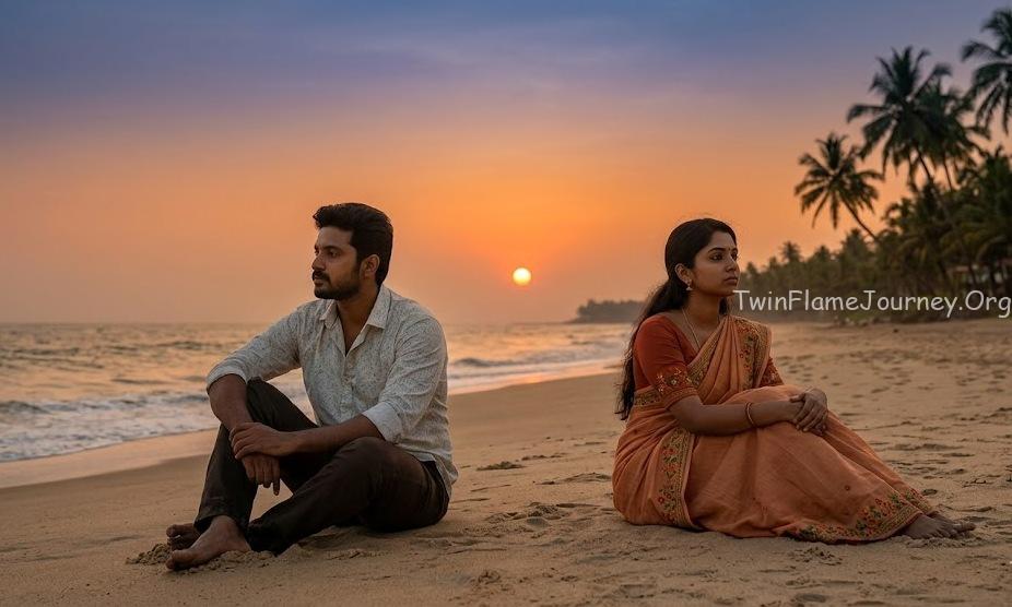 South Indian couple in Twin Flame separation sitting on a Kerala beach at sunset, looking melancholic.