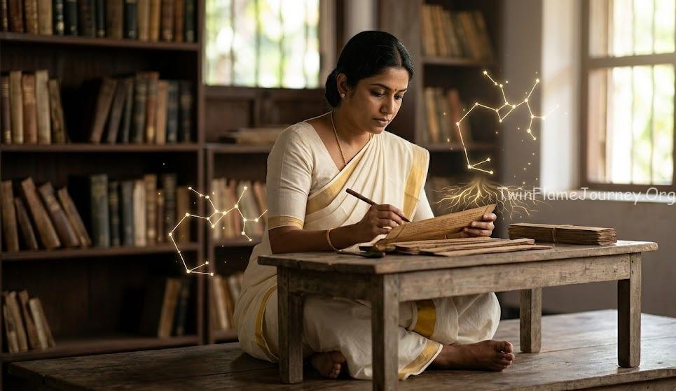 Intelligent South Indian woman studying astrology for Moola Nakshatra traits.