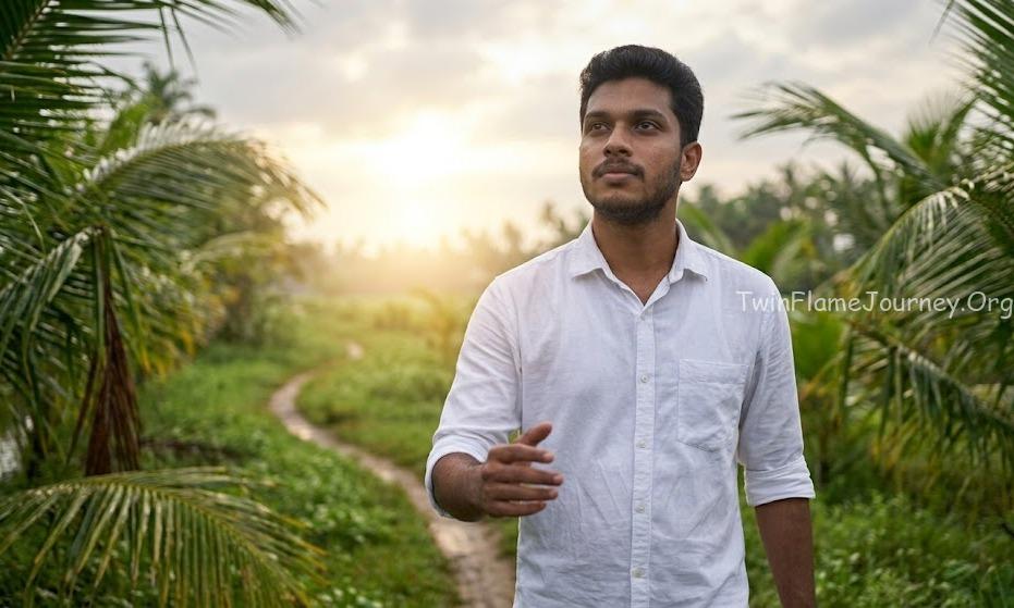 A young South Indian man walking through a lush green landscape towards a bright horizon.
