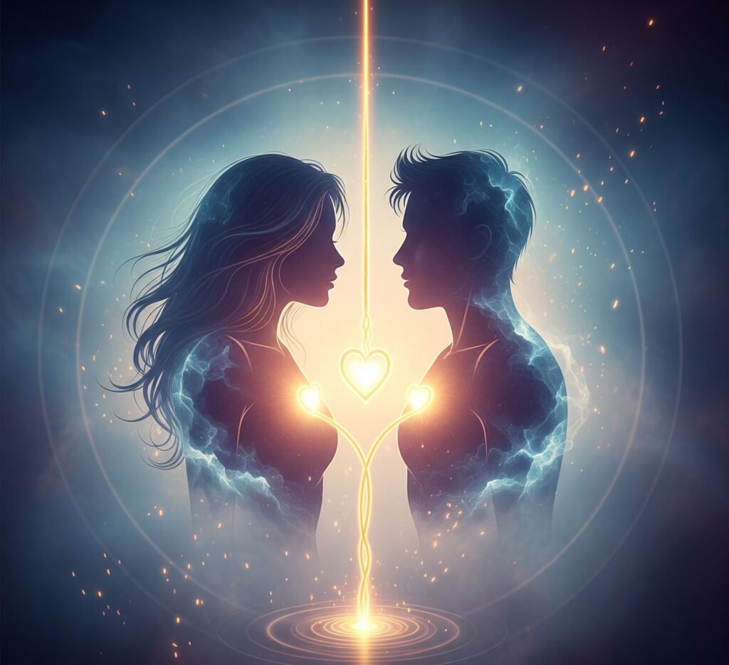 Two twin flame souls connected by a golden energy