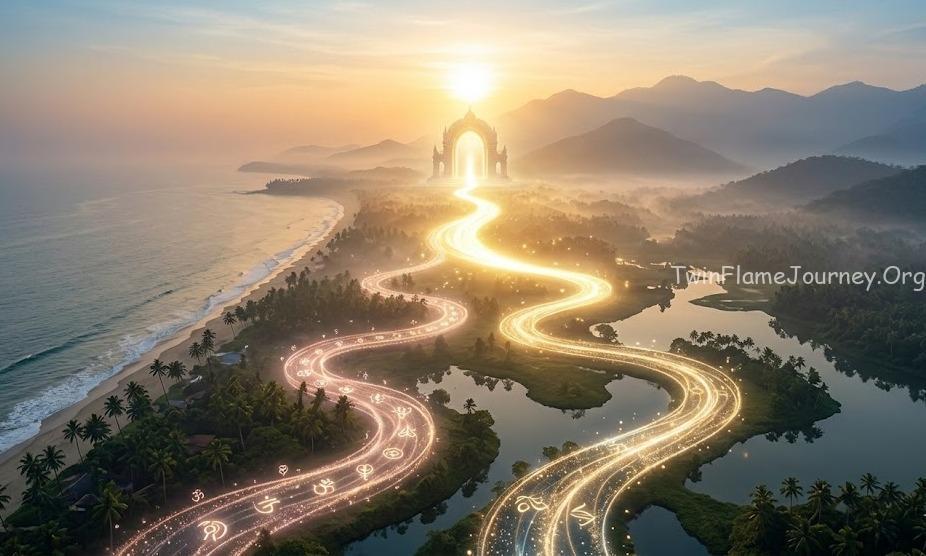 A mystical path in Kerala with dual glowing energy pathways merging into one divine light, symbolizing Twin Flame Reunion after separation.