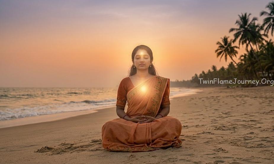 South Indian woman in deep meditation during Twin Flame separation, experiencing spiritual awakening and inner healing on a beach.