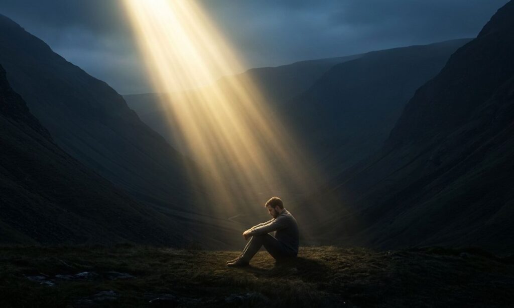 Divine Masculine experiencing the Dark Night of the Soul in a spiritual journey.