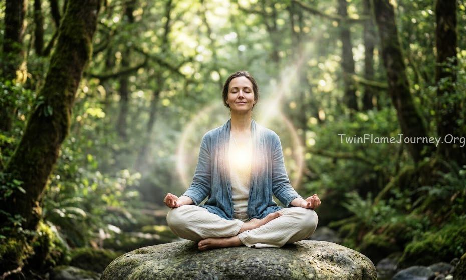 Divine Feminine meditating in a forest, experiencing inner healing and radiating a golden light from her heart chakra.