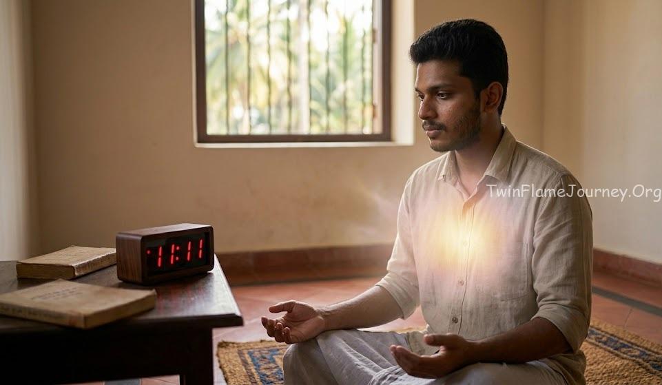 South Indian man experiencing a spiritual awakening with divine light.