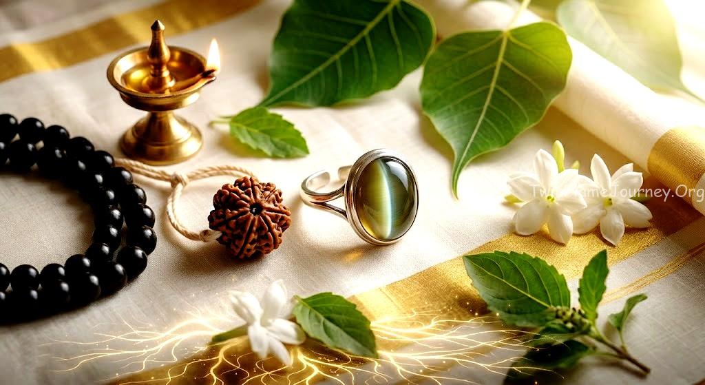 Spiritual remedies for Moola Nakshatra - Cat's Eye and Rudraksha.