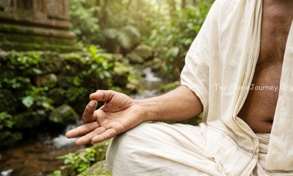 Meditation mudra and spiritual healing energy focus.