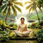 A serene photograph of a woman meditating in a lush Kerala garden, illustrating the importance of grounding