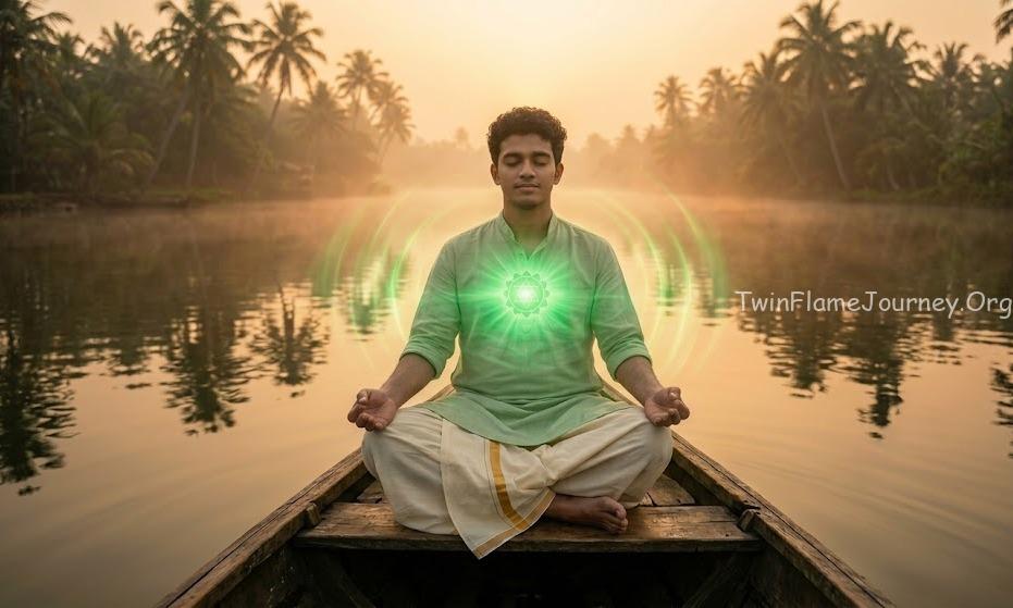 Divine Masculine meditating on a Kerala backwaters boat at sunrise with green Heart Chakra glowing.