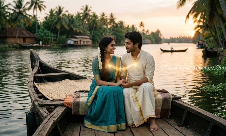 A young South Indian twin flame couple experiencing a spiritual connection by Kerala backwaters H