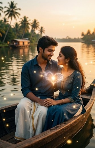 A young South Indian twin flame couple experiencing a spiritual Vconnection by Kerala backwaters. V