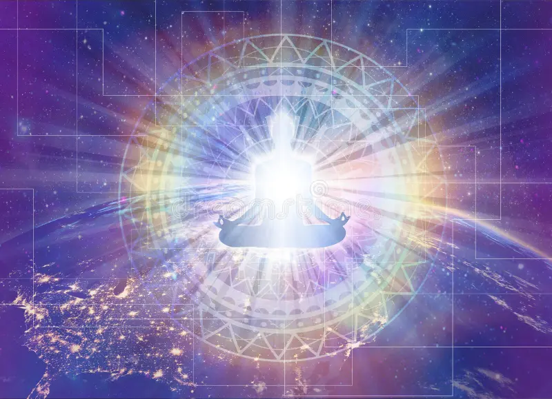 Ethereal Divine Feminine in cosmic meditation surrounded by sacred geometry and radiant light, representing Twin Flame spiritual awakening and universe preparation