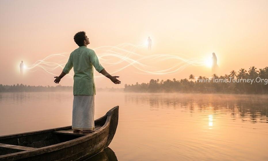 Wide shot of a man standing on a boat at sunrise, connecting with universal energy.