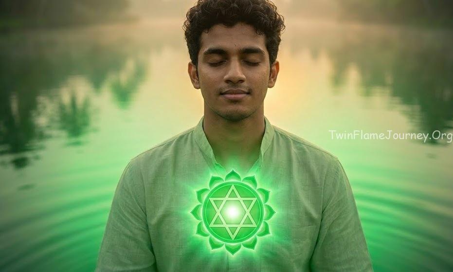 Medium close-up of a South Indian man's chest showing glowing Heart Chakra.
