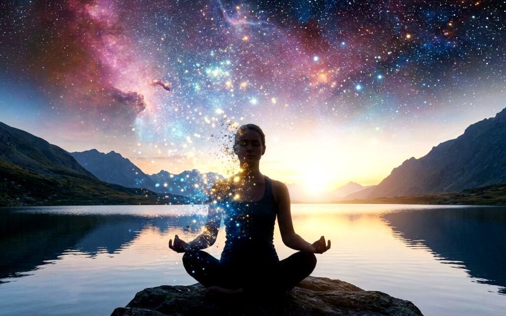 A meditating person symbolizing soul liberation and final incarnation into the light.