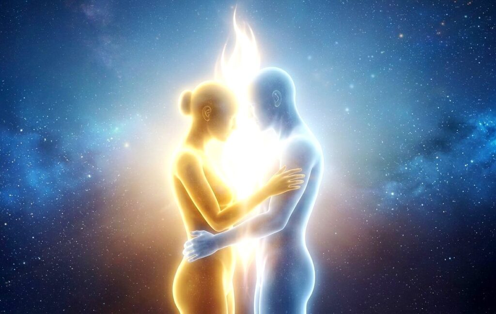 Twin Flame souls merging in their final earthly journey to achieve spiritual completion.