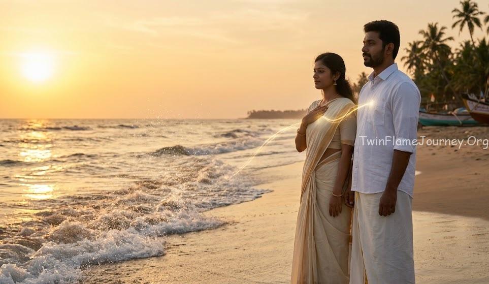 Twin Flame couple in Kerala experiencing spiritual alignment near the sea.