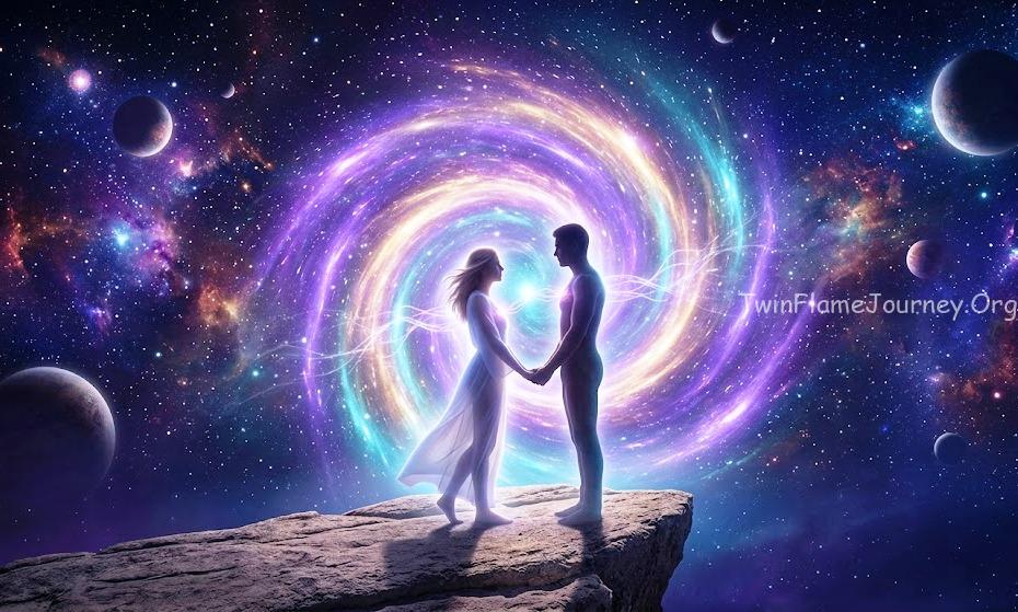 Divine Feminine and Divine Masculine silhouettes walking towards a cosmic, starry portal representing the true twin flame union path.