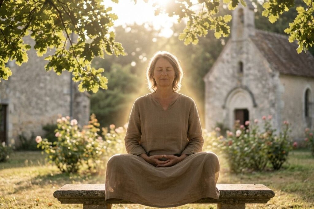 A person meditating in a peaceful environment, bathed in soft light, symbolizing divine mercy and inner peace.