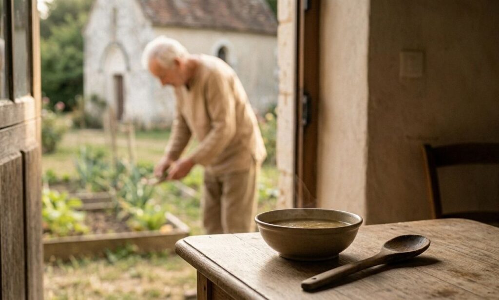 A close-up view of simple kitchen tools and food, symbolizing contentment and material simplicity.