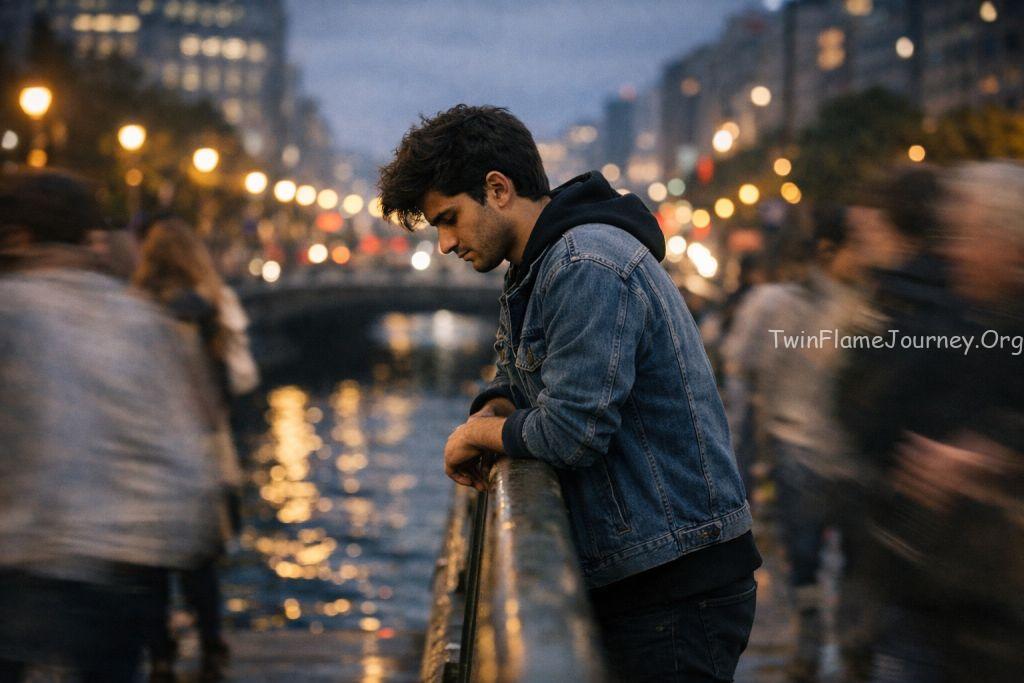 Divine Masculine standing alone in a busy city crowd