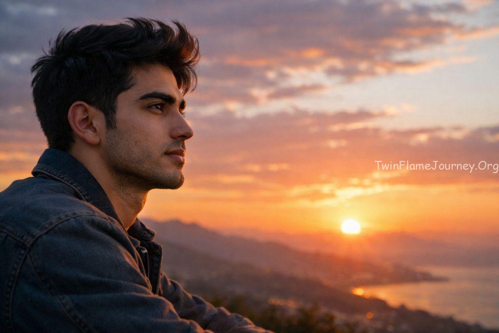 Young Iranian man reflecting on spiritual growth and Divine Masculine energy.