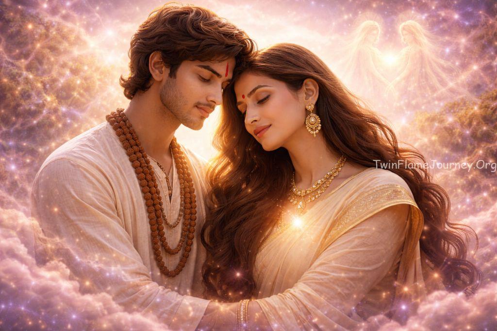 A 40-year-old Pakistani woman and a 19-year-old Pakistani man meeting in a vivid, ethereal garden during a dream.