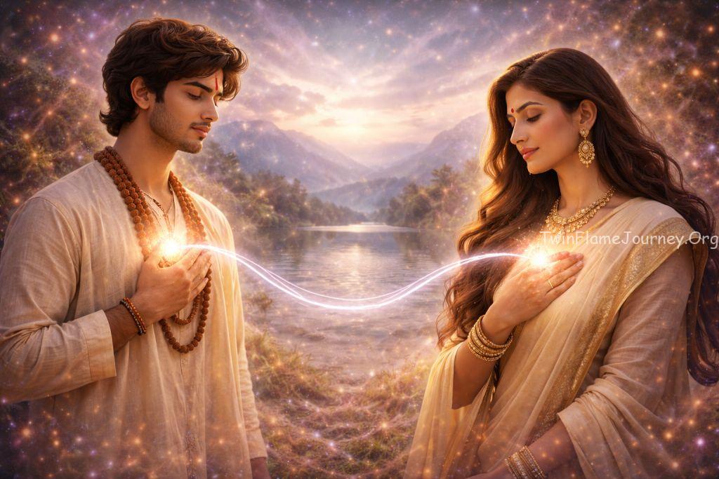 A spiritual 19-year-old Pakistani male and a 40-year-old Pakistani female connecting through a bridge of light in a cosmic dreamscape