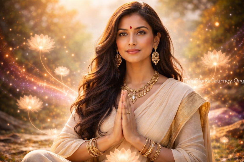 DF in serene spiritual pose, embodying divine feminine wisdom and commitment energy
