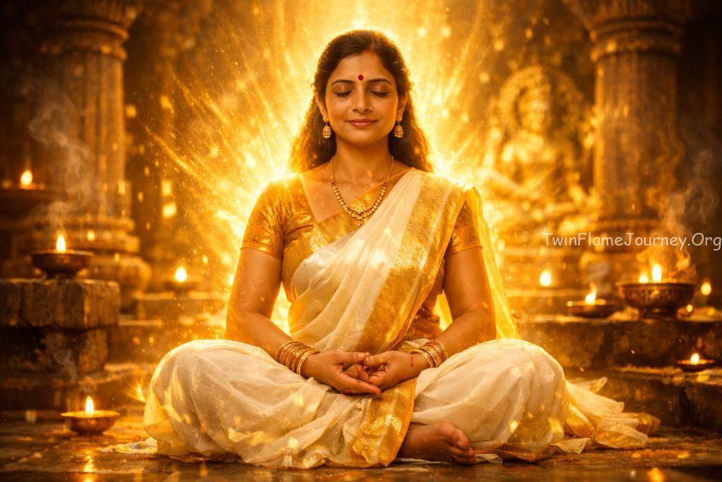 Divine Feminine meditating in Kerala during Twin Flame Ascension.