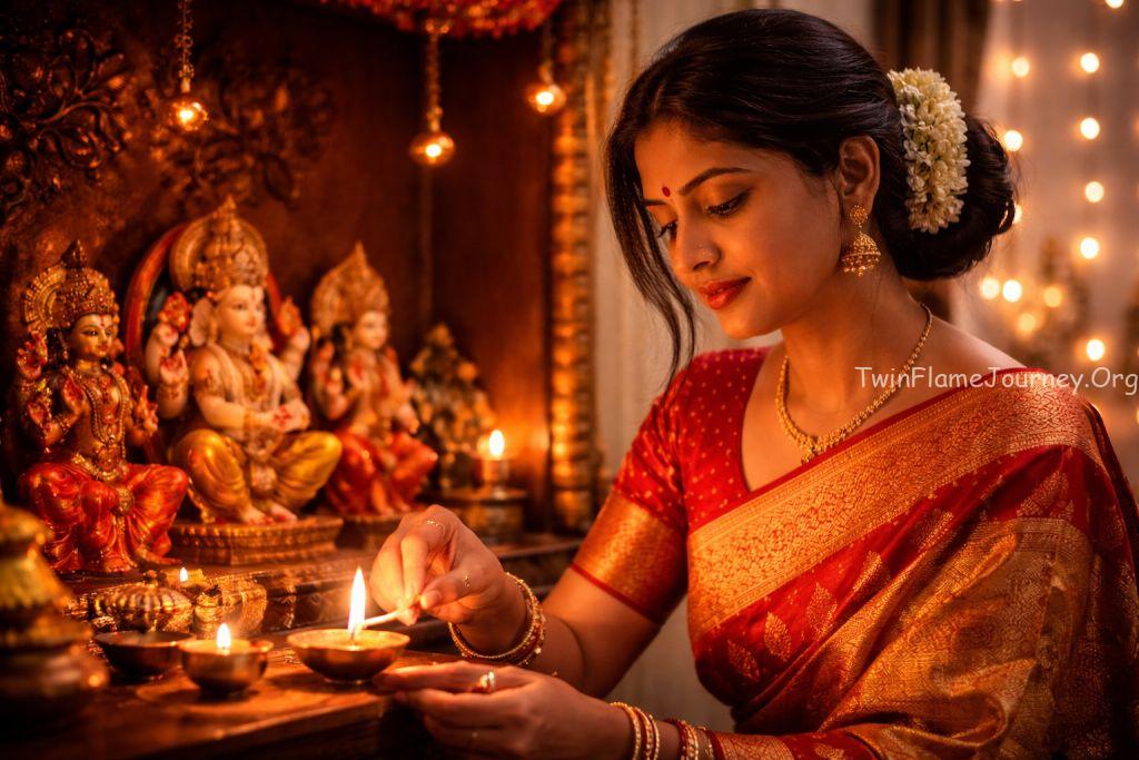 A soulful representation of DM engaging in evening spiritual rituals for family healing
