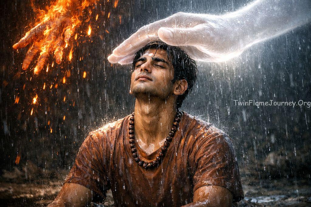 Divine hands protecting a man in a storm