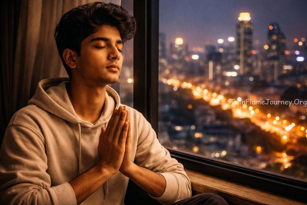 A serene image of a young man in Mumbai seeking spiritual restoration through night prayer