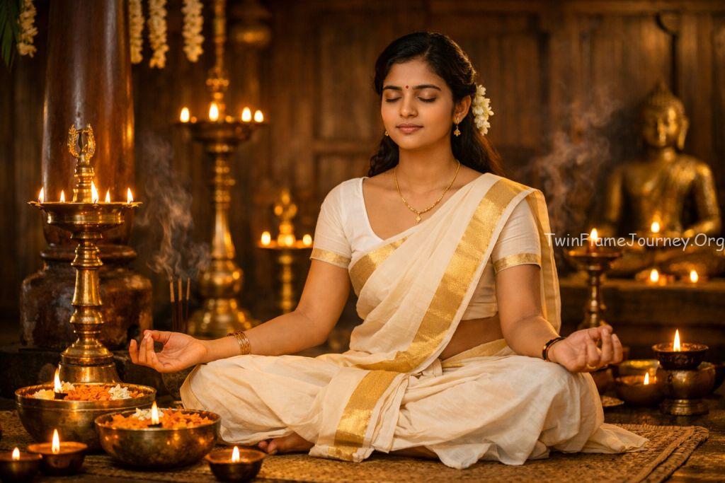 A young South Indian woman practicing spiritual healing and meditation during Twin Flame separation