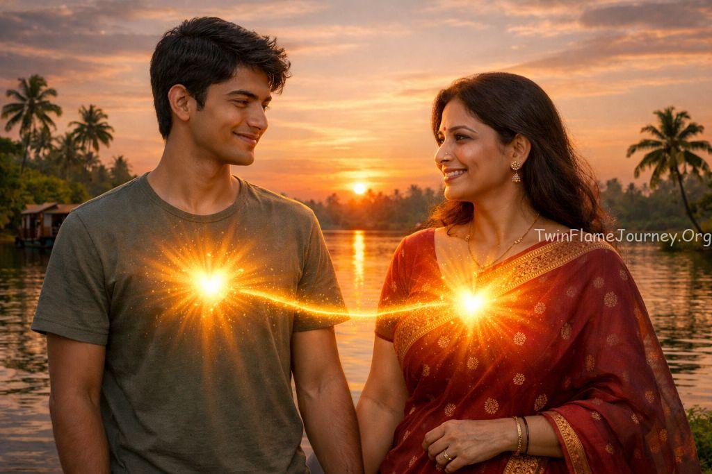 DM and DF standing by a serene Kerala backwater at sunset