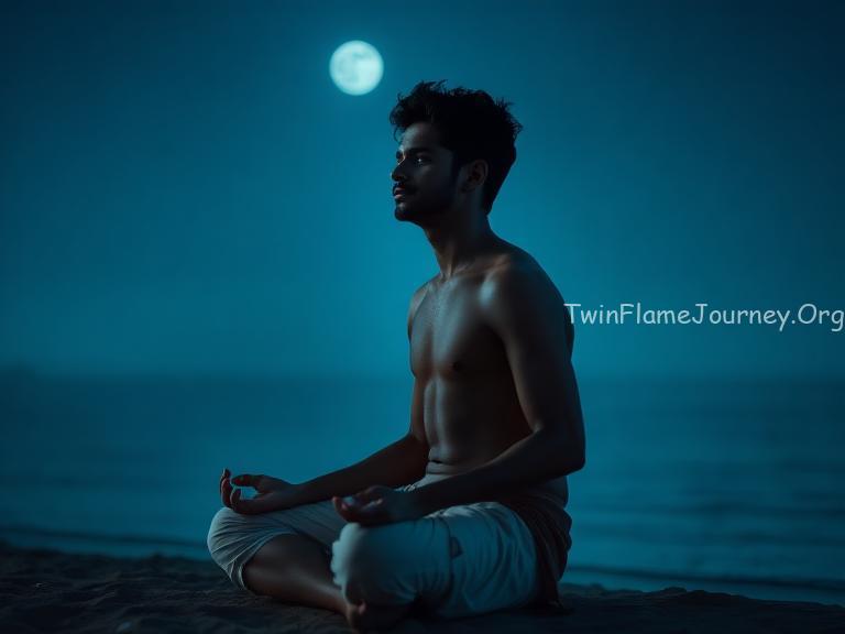DM sitting in a meditative pose near a beach in Kerala at 3:00 AM