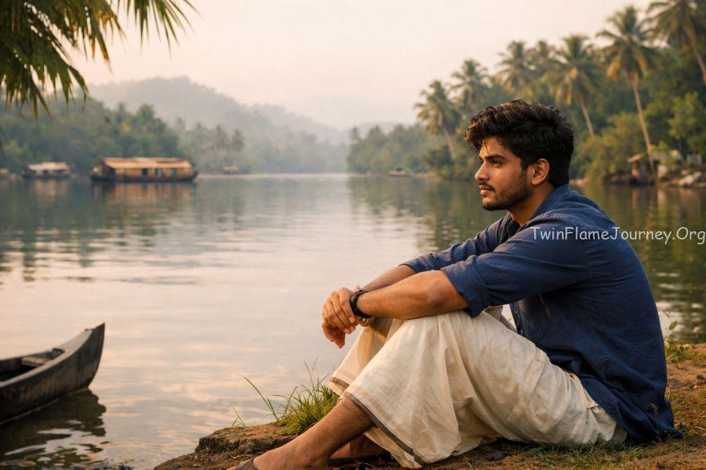 A reflective South Indian young man during the Twin Flame separation stage in a serene Kerala landscape