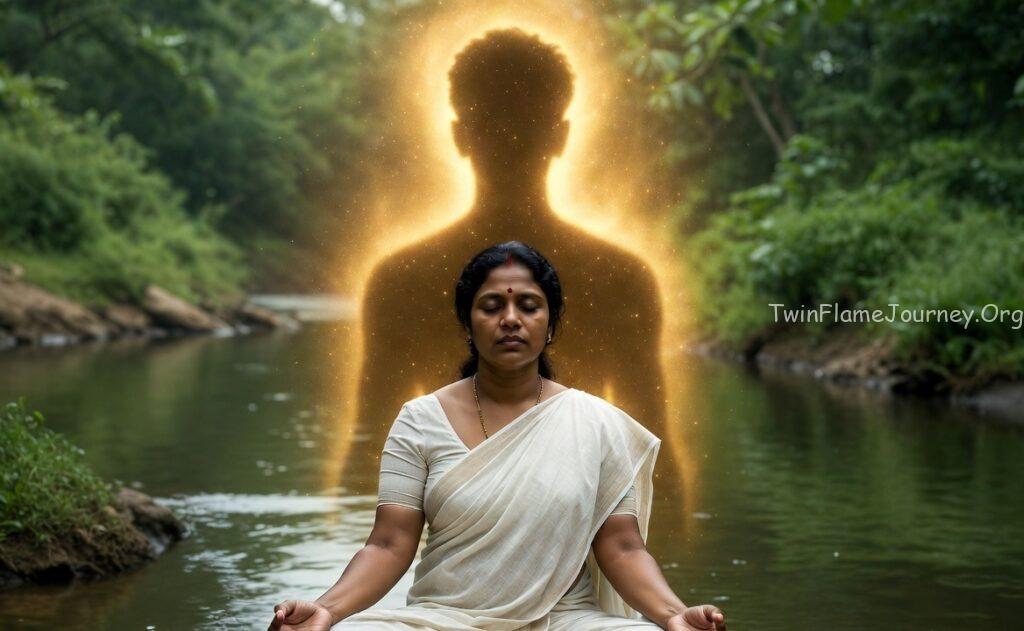 Divine Feminine meditating for DM 5D awakening.