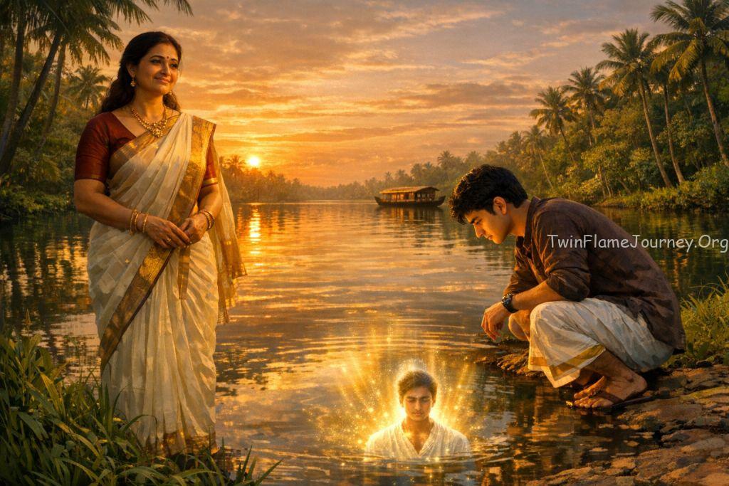 A cinematic shot of a young Malayali couple symbolizing the mirror effect in a twin flame journey
