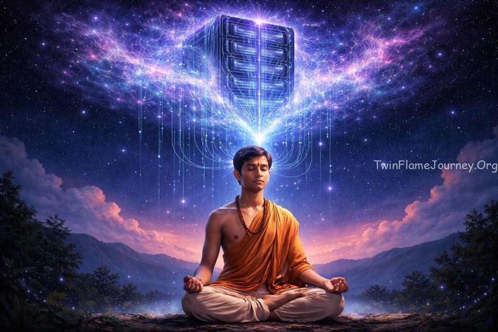 Meditation visual representing the connection between human brain and cosmic server.