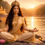 Parvathi Devi sitting peacefully by the Ganges at sunset, hands in a mudra