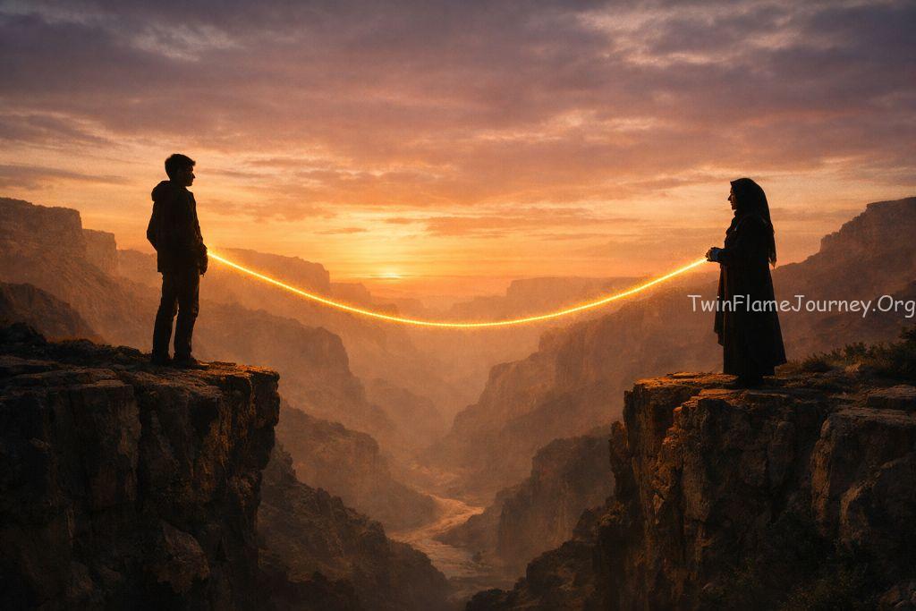 Two silhouettes—a young man and an older woman—connected by a thin golden thread of light across a vast canyon