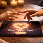 A close-up of two hands reaching toward each other across a digital tablet displaying a "Twin Flame Quiz.