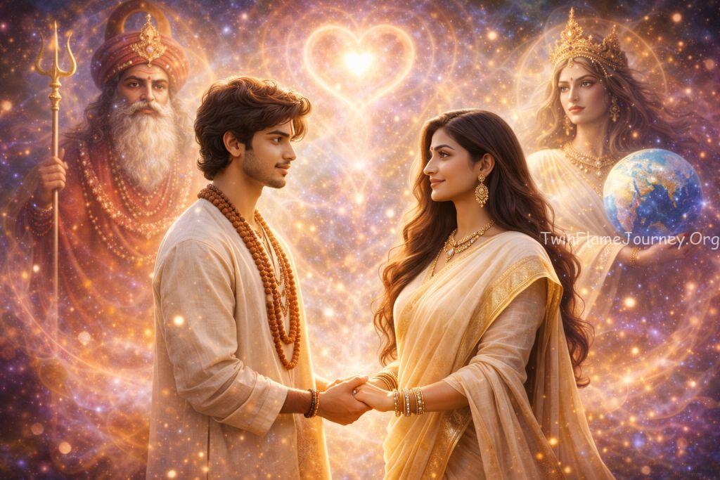 Symbolic twin flame reunion illustration with TF