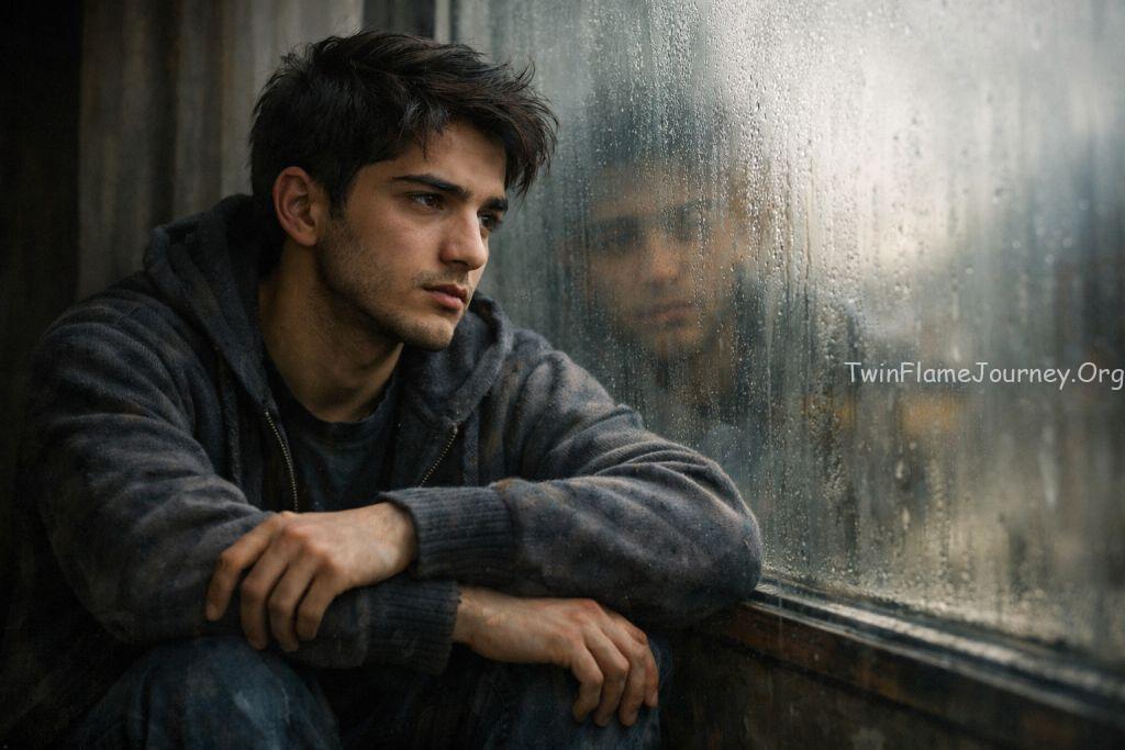 A young Iranian man (age 20) sitting by a misty window, looking contemplative and vulnerable, reflecting the "Iron bending" phase.