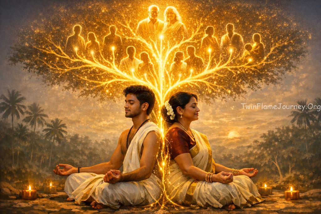 South Indian twin flames connecting with ancestral lineage during meditation