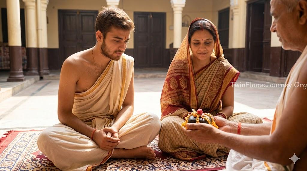 A young Hindu man (19) and an older woman (40) from Uttar Pradesh observing a sacred Salagrama stone with reverence during a community prayer gathering.