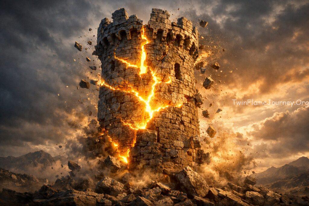 A stone tower crumbling with golden light emerging from the cracks